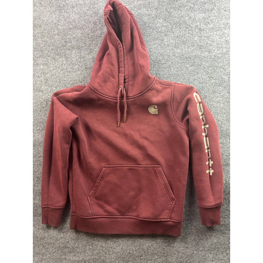Carhartt Pullover Hoodie Womens Small S(4-6) Burgundy Logo Sleeve Relaxed Fit